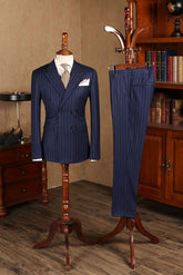 Elegant Blue Striped Double Breasted Men’s Business Suit