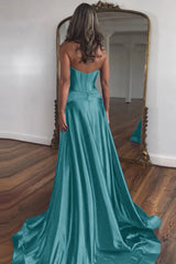 Elegant Blue Sweetheart Corset Prom Dress with A-Line Skirt and Front Split