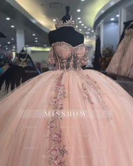 Elegant Blush Pink Sweetheart Cap Sleeve Floral Applique Ball Gown Quinceanera Dress