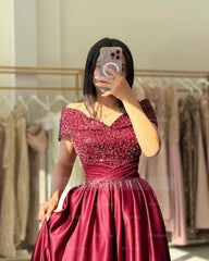 Elegant Burgundy Off-The-Shoulder Sleeveless A-Line Formal Dress with Beadings and Sequins