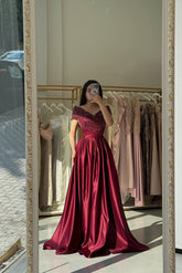 Elegant Burgundy Off-The-Shoulder Sleeveless A-Line Formal Dress with Beadings and Sequins