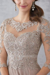 Elegant Champagne A-Line Crew Beaded Lace Illusion Half Sleeves Floor-Length Chiffon Formal Dresses