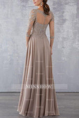 Elegant Champagne A-Line Crew Beaded Lace Illusion Half Sleeves Floor-Length Chiffon Formal Dresses