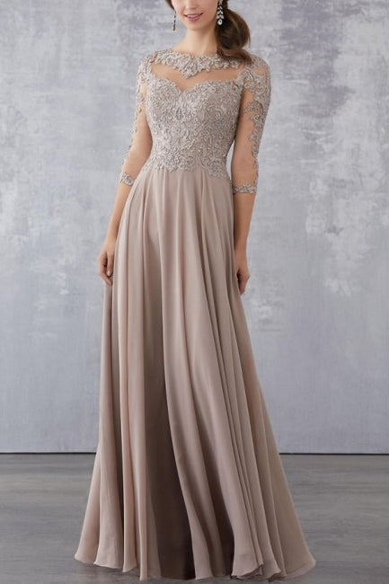 Elegant Champagne A-Line Crew Beaded Lace Illusion Half Sleeves Floor-Length Chiffon Formal Dresses