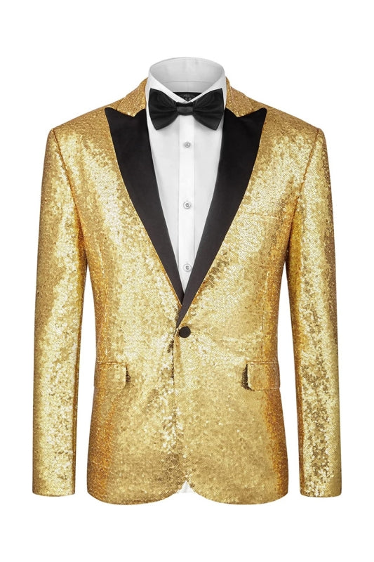 Elegant Champagne Peaked Lapel Sequined Prom Attire for Men