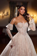 Elegant Champagne Sweetheart Sleeveless Sequined Lace Princess Ball Gown Wedding Dresses