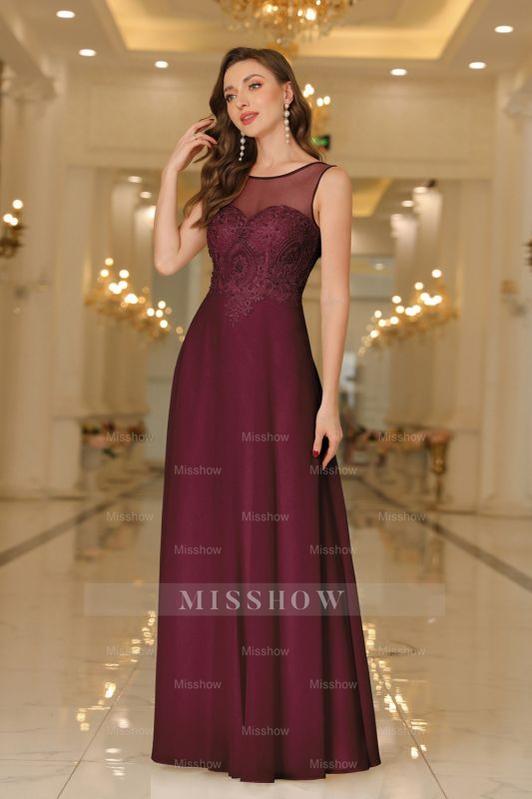 Elegant Chiffon Sleevless Evening Dress Scoop Neck Lace Apliques Bridesmaid Dress