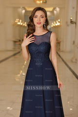 Elegant Chiffon Sleevless Evening Dress Scoop Neck Lace Apliques Bridesmaid Dress