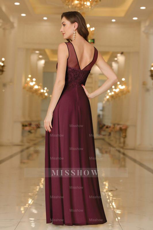 Elegant Chiffon Sleevless Evening Dress Scoop Neck Lace Apliques Bridesmaid Dress