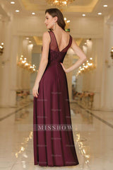 Elegant Chiffon Sleevless Evening Dress Scoop Neck Lace Apliques Bridesmaid Dress