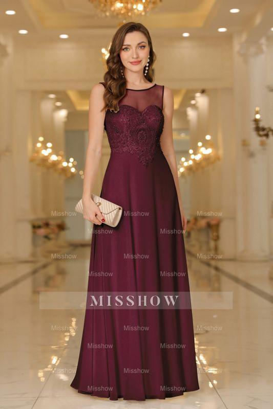 Elegant Chiffon Sleevless Evening Dress Scoop Neck Lace Apliques Bridesmaid Dress
