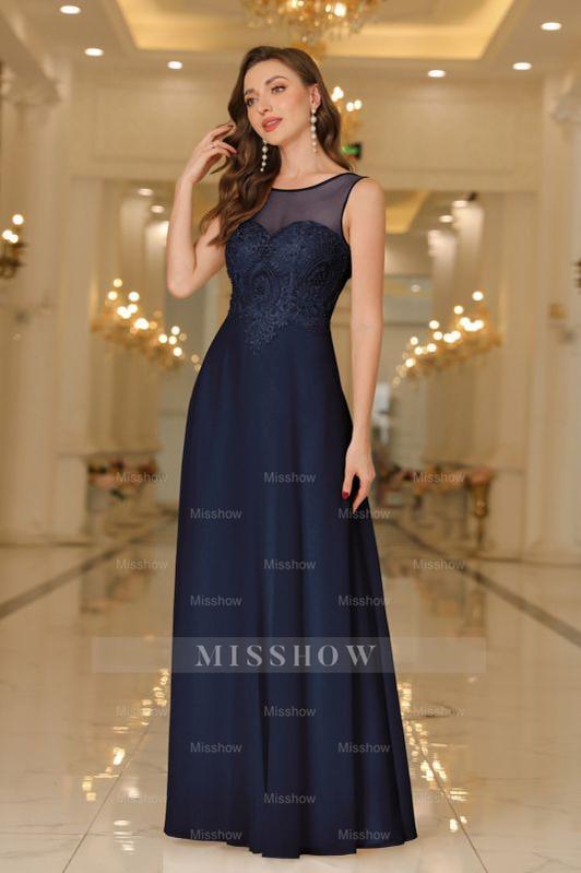 Elegant Chiffon Sleevless Evening Dress Scoop Neck Lace Apliques Bridesmaid Dress