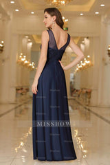 Elegant Chiffon Sleevless Evening Dress Scoop Neck Lace Apliques Bridesmaid Dress