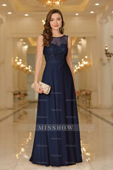 Elegant Chiffon Sleevless Evening Dress Scoop Neck Lace Apliques Bridesmaid Dress