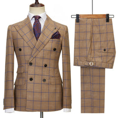 Elegant Coffee Plaid Peak Lapel Double Breasted Business Suit