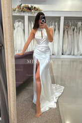 Elegant Column Satin Halter Sleeveless White Wedding Dresses With Ruffles Split Front