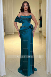 Elegant Column Satin One Shoulder Sleeveless Prom Dresses With Appliques Split Front