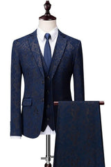 Elegant Dark Blue Jacquard Three-Piece Notched Lapel Prom Ensemble