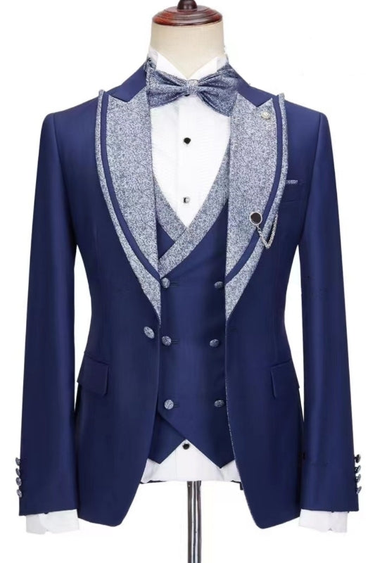 Elegant Dark Blue Peak Lapel Three-Piece Prom Suit