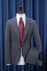 Elegant Dark Gray Plaid Notched Lapel Slim Fit Custom Suit for Business