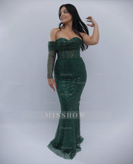 Elegant Dark Green One-Shoulder Beaded Mermaid Formal Dress with Sequins and Detachable Sleeve