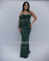 Elegant Dark Green One-Shoulder Beaded Mermaid Formal Dress with Sequins and Detachable Sleeve
