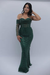 Elegant Dark Green One-Shoulder Beaded Mermaid Formal Dress with Sequins and Detachable Sleeve