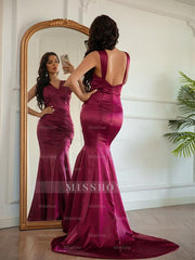 Elegant Deep Red Sleeveless V Neck Mermaid Pleated Long Formal Dress