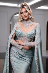 Elegant Dusty Blue High Neck Beaded Long Sleeves Split Front Watteau Train Satin Prom Evening Dresses With Appliques