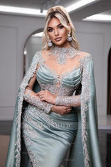 Elegant Dusty Blue High Neck Beaded Long Sleeves Split Front Watteau Train Satin Prom Evening Dresses With Appliques
