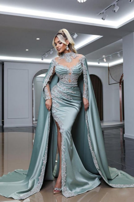 Elegant Dusty Blue High Neck Beaded Long Sleeves Split Front Watteau Train Satin Prom Evening Dresses With Appliques