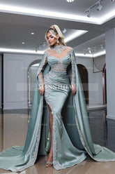 Elegant Dusty Blue High Neck Beaded Long Sleeves Split Front Watteau Train Satin Prom Evening Dresses With Appliques