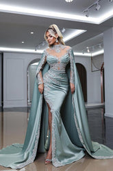 Elegant Dusty Blue High Neck Beaded Long Sleeves Split Front Watteau Train Satin Prom Evening Dresses With Appliques
