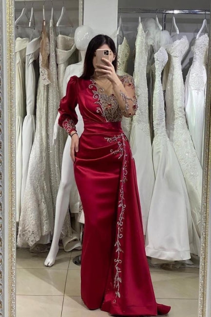 Elegant Evening Dresses Long Wine Red | Prom Evening Dresses with sleeves