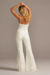 Elegant Floral Overlay Lace Spaghetti Strap Flare Leg Wedding Jump Suit