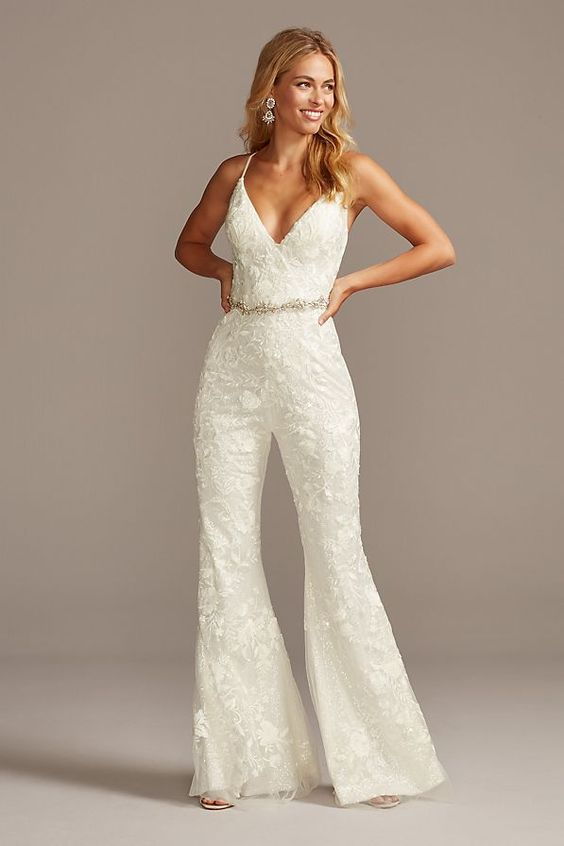 Elegant Floral Overlay Lace Spaghetti Strap Flare Leg Wedding Jump Suit