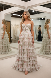 Elegant Floral Print Strapless Tiered Ruffle Prom Dress with Corset Back and High Slit