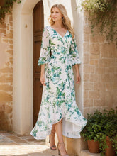 Elegant Floral Printed Mother of the Bride Dress with V-Neck and 3/4 Asymmetrical Sleeves