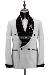 Elegant Gray Sequined Double Breasted Wedding Suit With Black Velvet Lapel