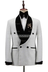 Elegant Gray Sequined Double Breasted Wedding Suit With Black Velvet Lapel