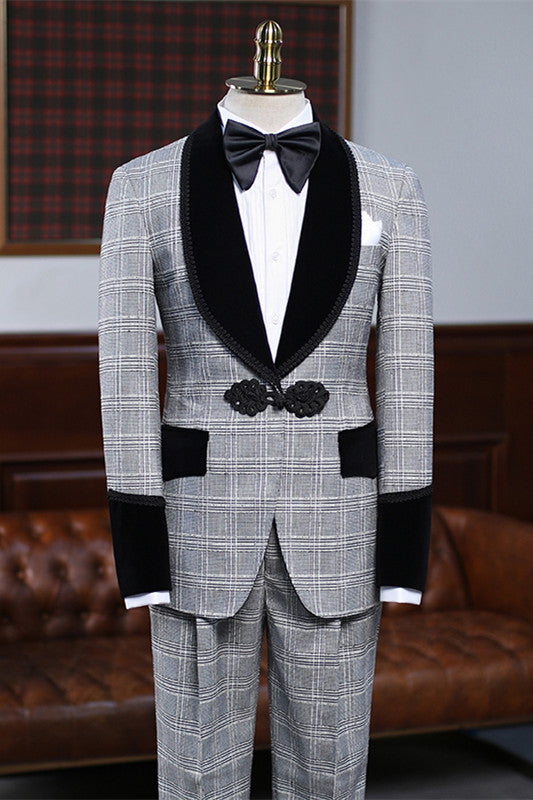 Elegant Gray Shawl Collar Plaid Groom's Wedding Suit