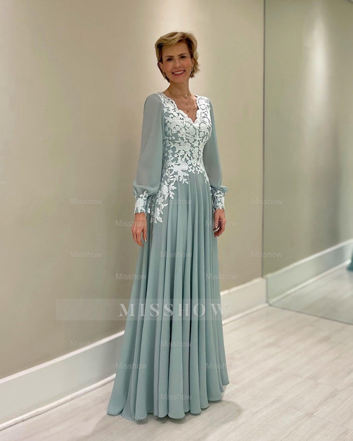 Elegant Green A-Line Mother of Bride V-Neck Long Sleeves Long Chiffon Bridesmaid Dress With Appliques