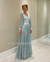 Elegant Green A-Line Mother of Bride V-Neck Long Sleeves Long Chiffon Bridesmaid Dress With Appliques