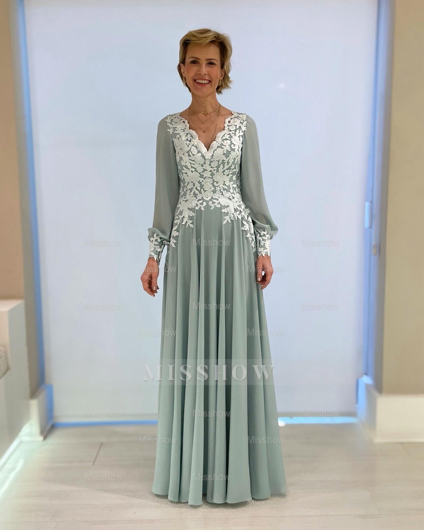 Elegant Green A-Line Mother of Bride V-Neck Long Sleeves Long Chiffon Bridesmaid Dress With Appliques