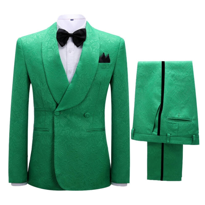 Elegant Green Jacquard Shawl Collar Double Breasted Groom's Suit