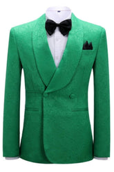 Elegant Green Jacquard Shawl Collar Double Breasted Groom's Suit