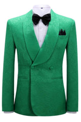 Elegant Green Jacquard Shawl Collar Double Breasted Groom's Suit