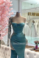 Elegant Green Mermaid Strapless One-shoulder Long Sleeve Beaded Satin Split Front Prom Evening Dresses With Rhinestone