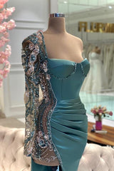 Elegant Green Mermaid Strapless One-shoulder Long Sleeve Beaded Satin Split Front Prom Evening Dresses With Rhinestone