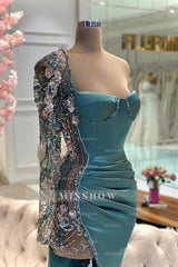 Elegant Green Mermaid Strapless One-shoulder Long Sleeve Beaded Satin Split Front Prom Evening Dresses With Rhinestone